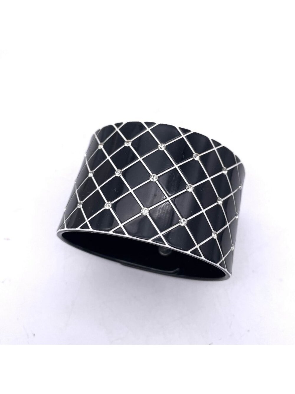 Black & Silver Wide Cuff Bracelet Rhinestone Accents Geometric Design Snap Closu